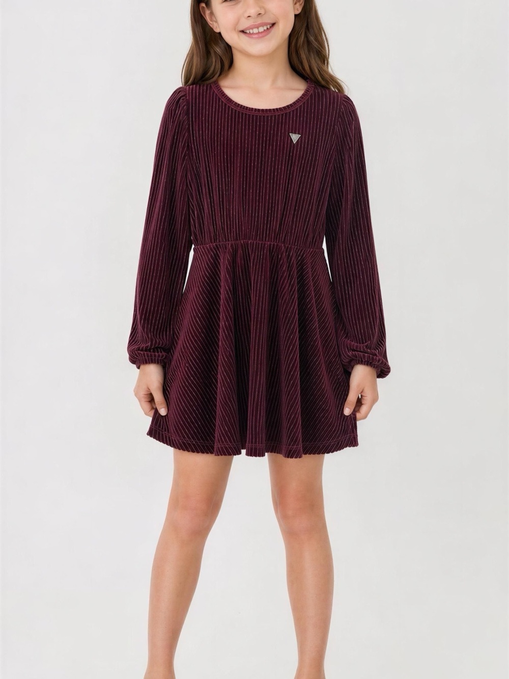 Guess Girls' Long-Sleeve Velvet Skater Dress in Wine